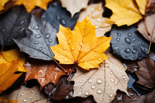 Kostenloses Foto nahaufnahme von trockenen herbstblättern mit tautropfen