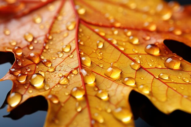 Nahaufnahme von trockenen Herbstblättern mit Tautropfen