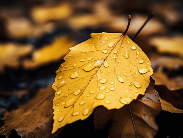 Nahaufnahme von trockenen Herbstblättern mit Tautropfen