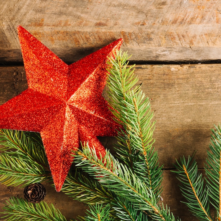 Kostenlose Foto nahaufnahme von weihnachtsstern auf tanne