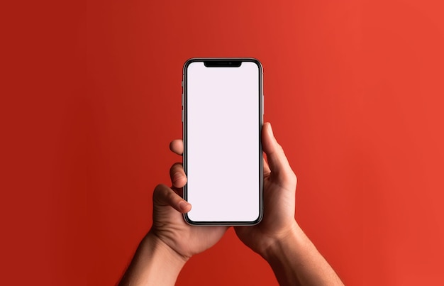 Nahaufnahme zweier Hände, die ein Smartphone mit leerem Bildschirm vor schlichtem Hintergrund halten