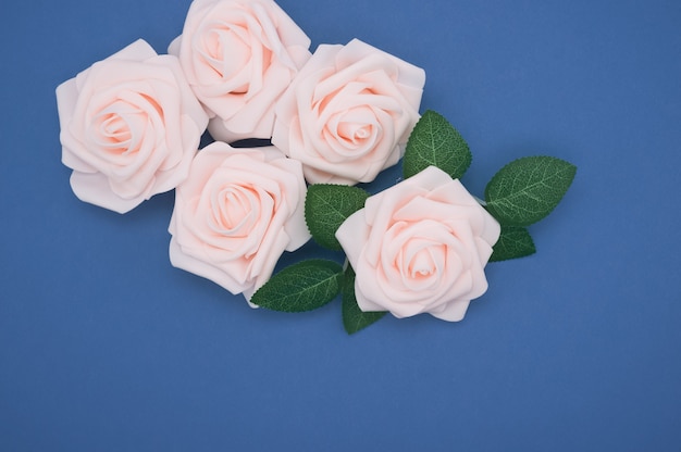 Nahaufnahmeaufnahme der rosa Rosen lokalisiert auf einem blauen Hintergrund mit Kopienraum