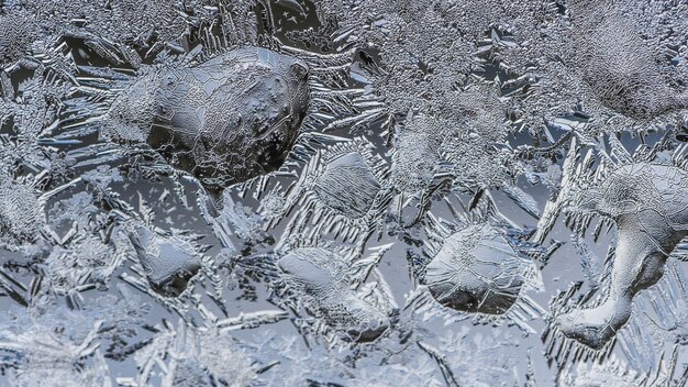 Nahaufnahmeaufnahme der schönen Frostmuster und der Texturen auf einem Glas