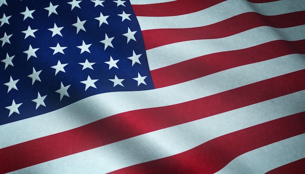 Nahaufnahmeaufnahme der wehenden Flagge der Vereinigten Staaten von Amerika mit interessanten Texturen