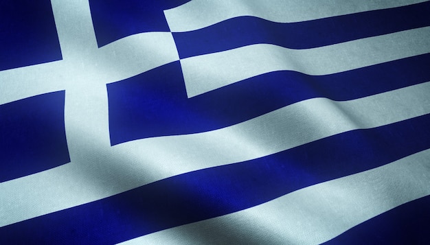 Nahaufnahmeaufnahme der wehenden Flagge Griechenlands mit interessanten Texturen