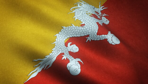 Nahaufnahmeaufnahme der wehenden Flagge von Bhutan mit interessanten Texturen