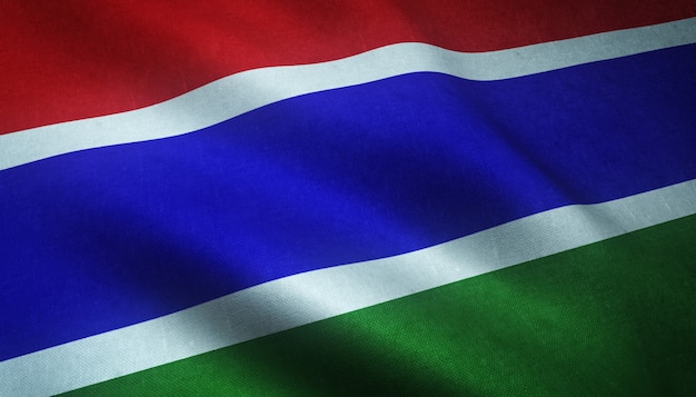 Nahaufnahmeaufnahme der wehenden Flagge von Gambia mit interessanten Texturen