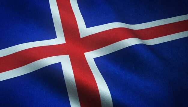 Nahaufnahmeaufnahme der wehenden Flagge von Island mit interessanten Texturen