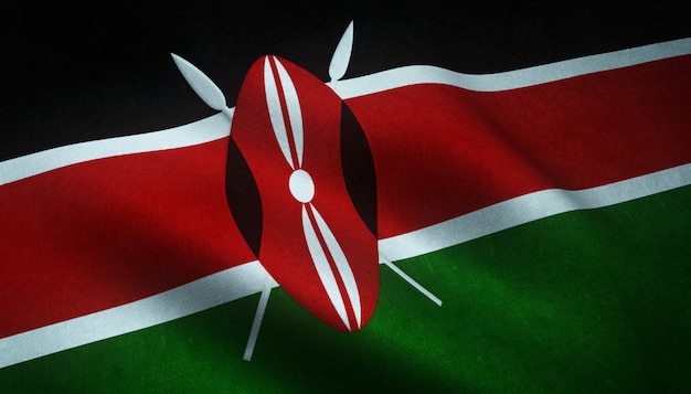 Nahaufnahmeaufnahme der wehenden Flagge von Kenia mit interessanten Texturen