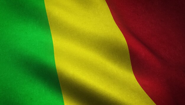 Nahaufnahmeaufnahme der wehenden Flagge von Mali mit interessanten Texturen