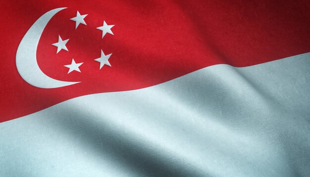 Nahaufnahmeaufnahme der wehenden Flagge von Singapur mit interessanten Texturen