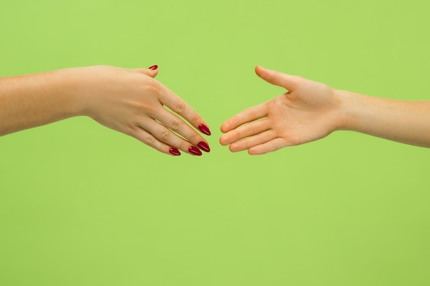 Nahaufnahmeaufnahme des menschlichen Haltens der Hände lokalisiert auf Grün