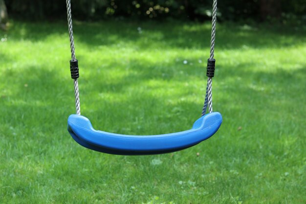 Nahaufnahmeaufnahme einer blauen Schaukel mit grünem Gras im Hintergrund