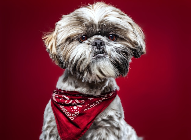 Kostenloses Foto nahaufnahmeaufnahme eines niedlichen shih tzu-hundes auf einem roten hintergrund