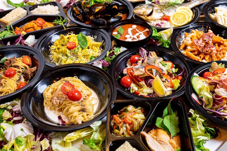 Kostenlose Foto nahaufnahmeaufnahme eines restaurantmenüs auf schwarzen tellern - perfekter essenshintergrund