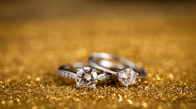 Nahaufnahmeaufnahme von zwei Diamantringen auf einer goldenen Oberfläche