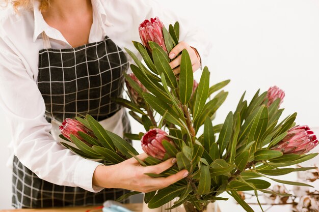 Nahaufnahmeflorist, der einen Blumenstrauß vereinbart