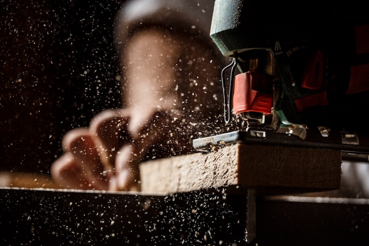 Kostenlose Foto nahaufnahmefoto des holzschneidens mit bundsäge.