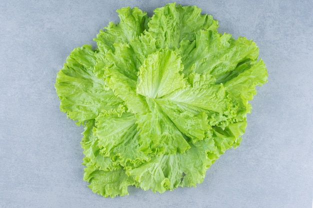 Nahaufnahmefoto Salatblätter auf dem grauen Hintergrund.