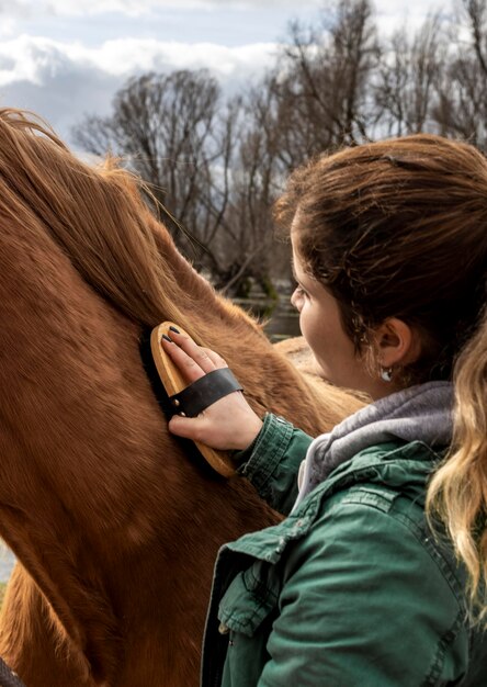 Nahaufnahmefrau, die Pferd bürstet