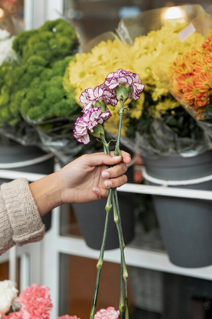 Nahaufnahmefrau, die schöne Blumen hält