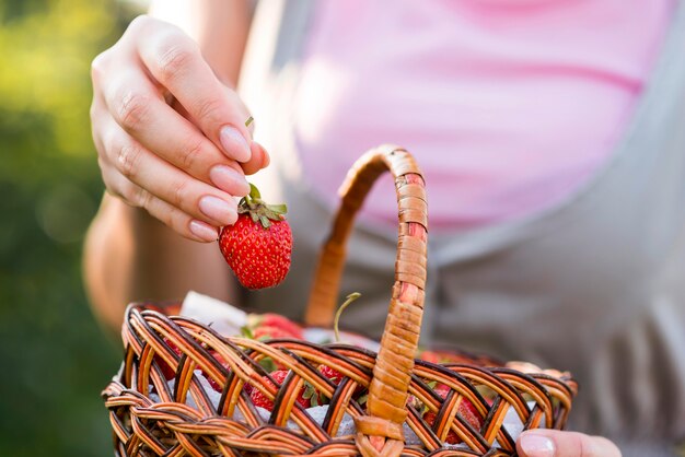 Nahaufnahmehand, die Erdbeere hält