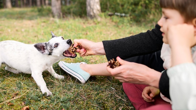 Nahaufnahmejunge, der mit seinem Hund spielt