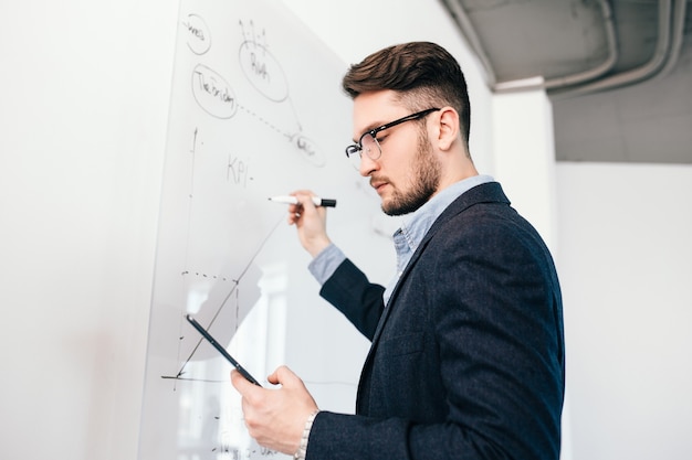 Nahaufnahmeporträt eines jungen dunkelhaarigen Mannes in den Gläsern mit Laptop, der einen Geschäftsplan auf Whiteboard schreibt. Er trägt ein blaues Hemd und eine dunkle Jacke. Untersicht.