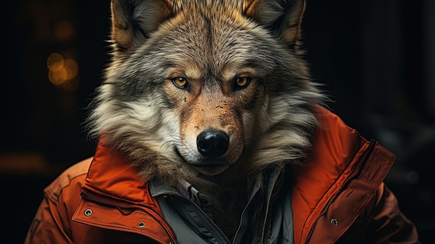 Kostenloses Foto nahaufnahmeporträt eines wolfes in einer roten jacke auf dunklem hintergrund