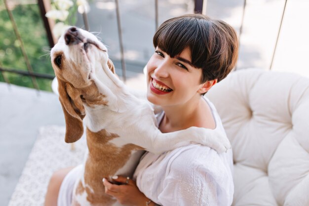 Nahaufnahmeporträt von oben des lachenden Mädchens, das Morgen auf Balkon mit lustigem Haustier genießt. Schöne junge Dame in guter Laune, die mit Beagle-Hund spielt, während sie sich nach dem Abendessen auf der Terrasse ausruht