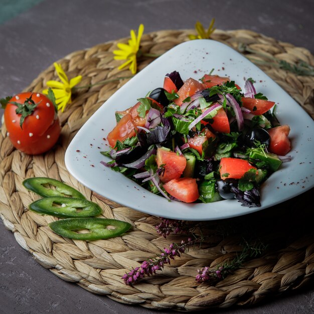 Nahaufnahmesalat mit Tomate, Gurke, Salat, Zwiebeln, Basilikum, Oliven in einem weißen Teller auf einem Weidenständer