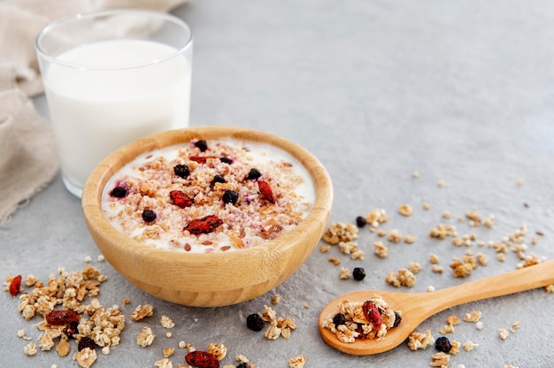 Nahrhaftes milchiges Frühstück mit Müsli und Nüssen