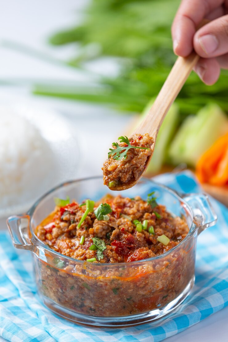 Kostenlose Foto nam prik ong, würziges schweinefleisch mit gemüsesalat, thailändisches essen.