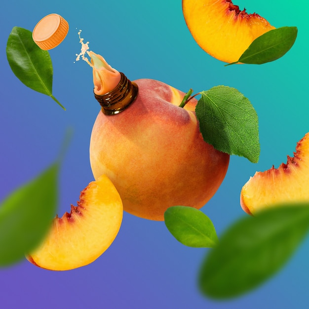 Natürlicher Pfirsichsaft und Pfirsichblätter