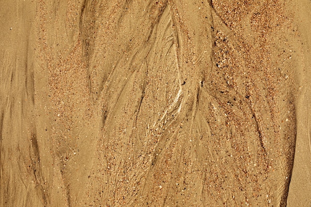 Naturkunst Nahaufnahme des Sandes mit Gezeitenwegen und Muscheln auf dem Strandvollbildtexturhintergrund