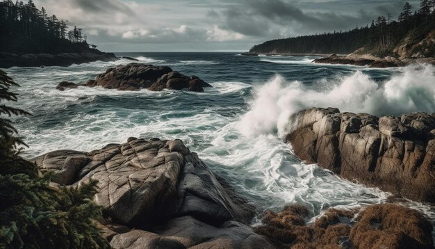 Kostenloses Foto naturschönheit in einer rauen welle, die auf einer felsigen küste bricht, erzeugt durch künstliche intelligenz