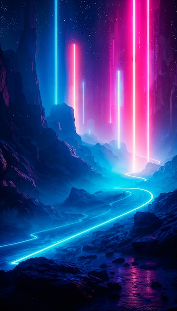 Neon-Landschaft mit leuchtenden Lichtern