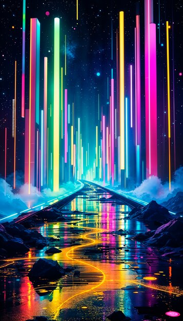 Neonlichter auf der Straße über dem Wasser