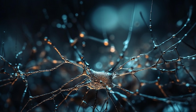 Nervenzellen mit abstraktem blauem Hintergrund verbinden sich über Synapsen, die von KI generiert werden
