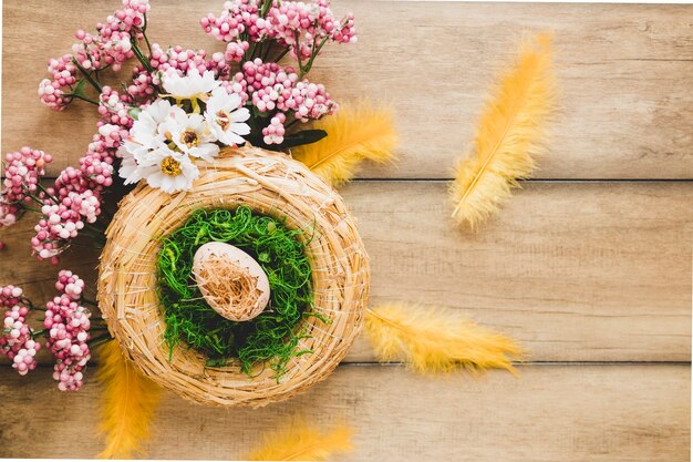 Nest in der Nähe von Blumen und Federn