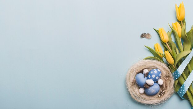 Nest mit farbigen Eiern in der Nähe von Tulpen