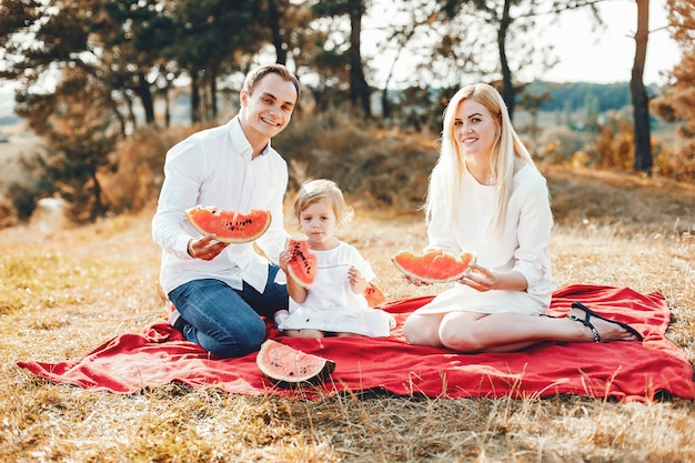 Nette Familie, die in einem Sommerpark spielt