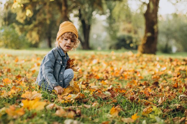 Netter Junge, der mit Blättern im Herbstpark spielt