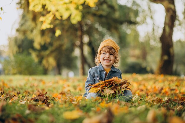 Netter Junge, der mit Blättern im Herbstpark spielt