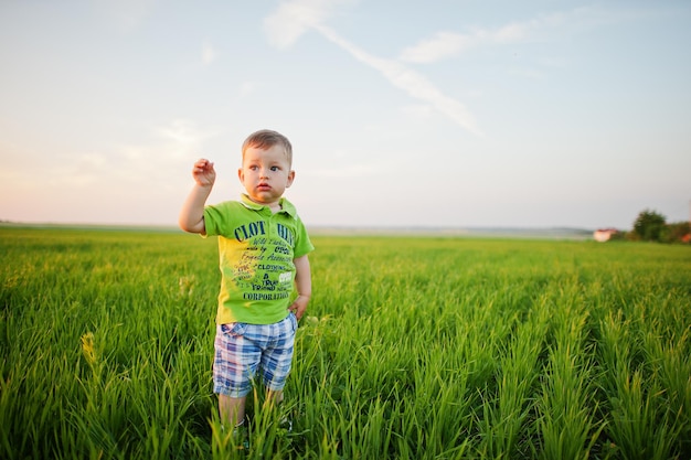 Netter Junge in der grünen Wiese am Abend