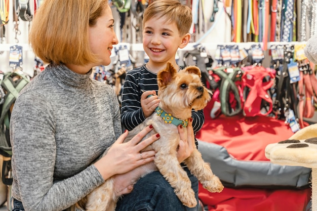 Netter kleiner Hund mit Besitzern an der Tierhandlung