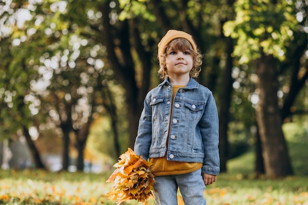 Netter kleiner Junge, der mit Blättern im Herbstpark spielt