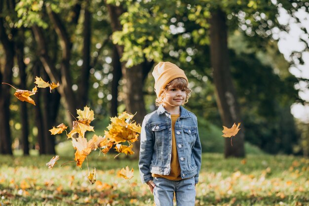 Netter kleiner Junge, der mit Blättern im Herbstpark spielt