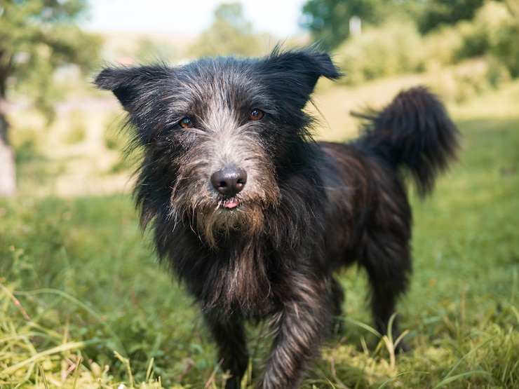 Kostenlose Foto netter schwarzer terrierhund, der auf einer grünen wiese spielt