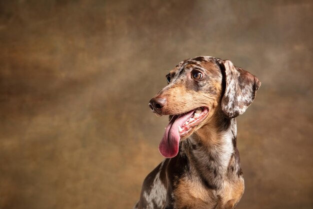 Netter Welpe des Dachshund-Hundes, der lokalisiert über braunem Hintergrund aufwirft